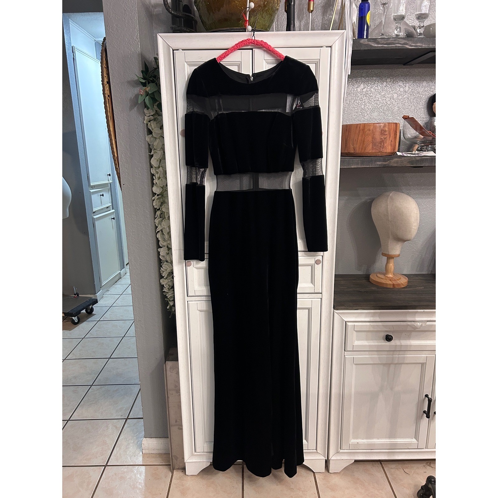 Black Velvet Mesh Maxi Dress Front Slit Goth Gown Size 2 or XSmall Formal