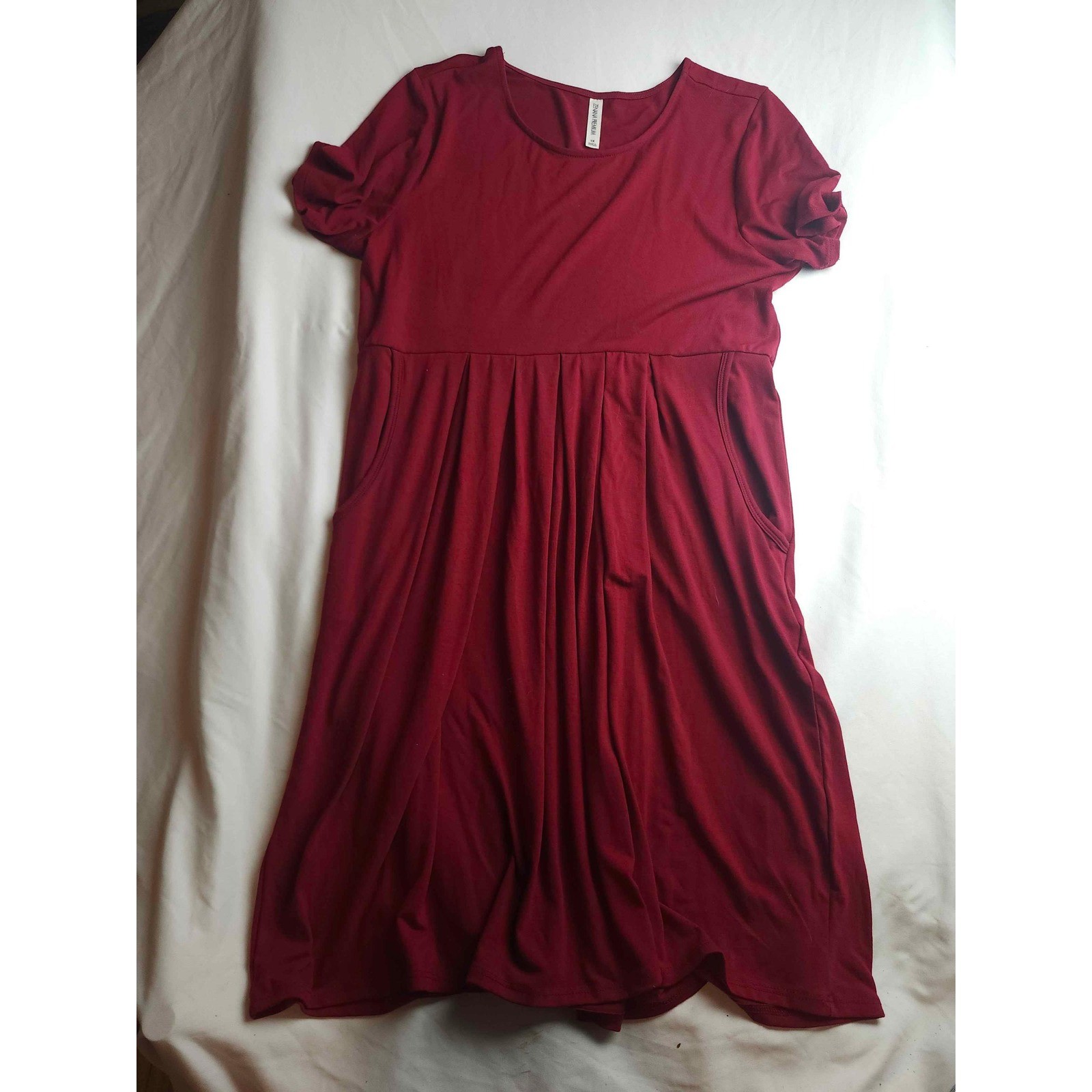 Zenana Premium Burgundy Red Empire Waist Pleated Pocket Midi Dress 1X