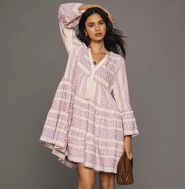 Devotion Twins Embroidered Ella Dress Tunic Greece Anthropologie Lilac Sz M NEW
