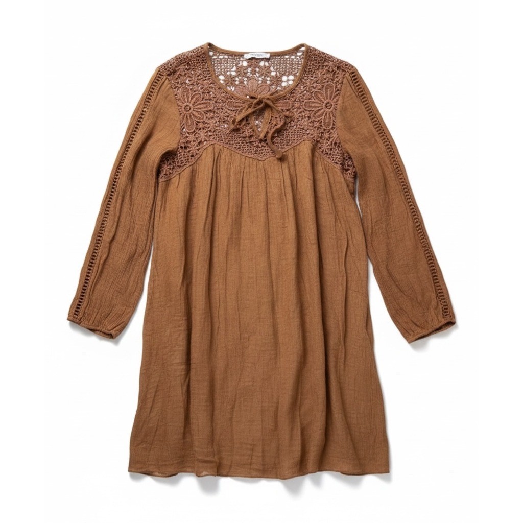 Rebellion Small Dress Boho Crochet Lace Rust Brown Rayon Blend Floral Yoke