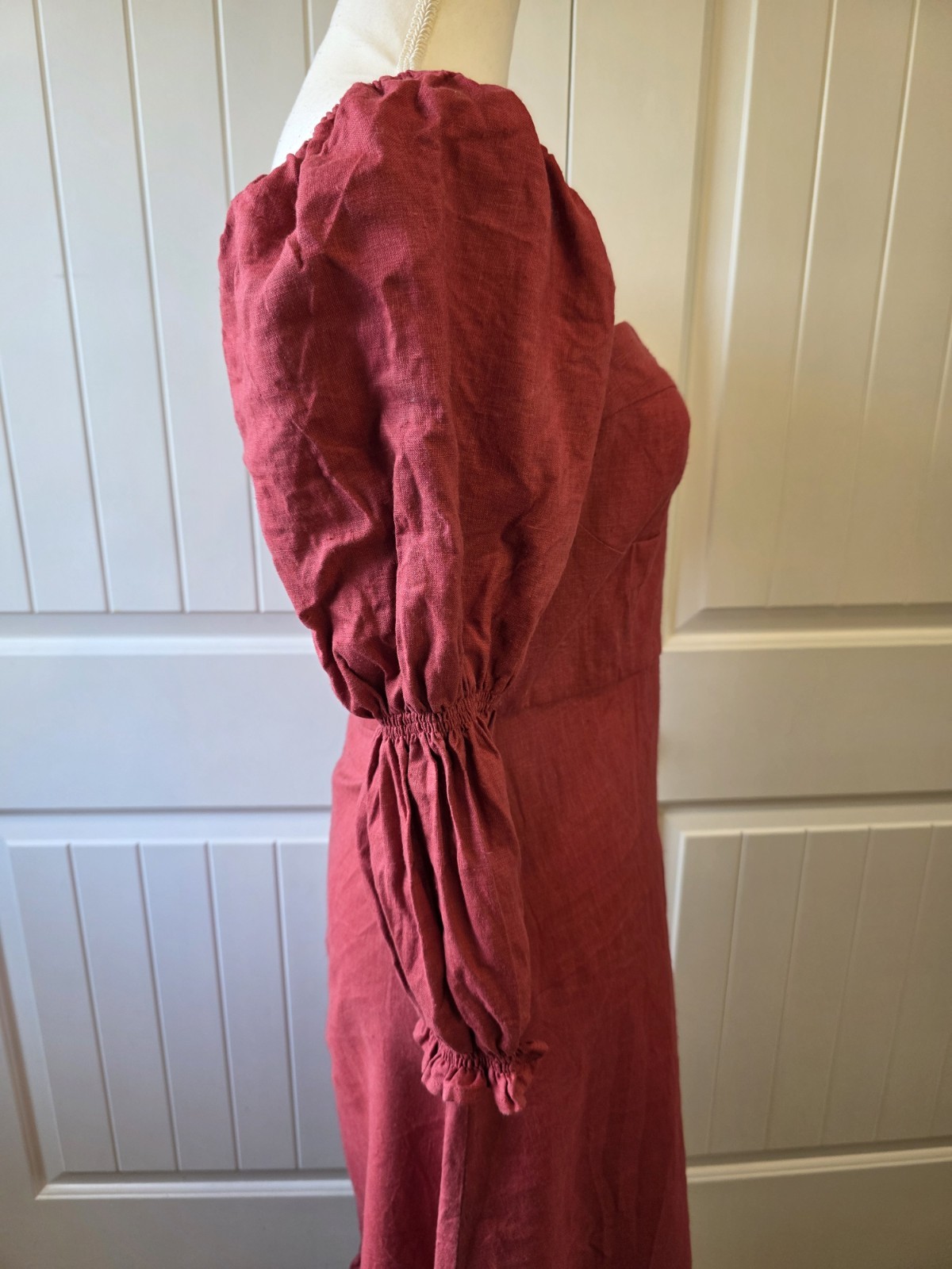 GAÂLA Paris Minsk 100% Linen Puff Sleeve Midi Dress Burgundy Size 36 EU Us 4
