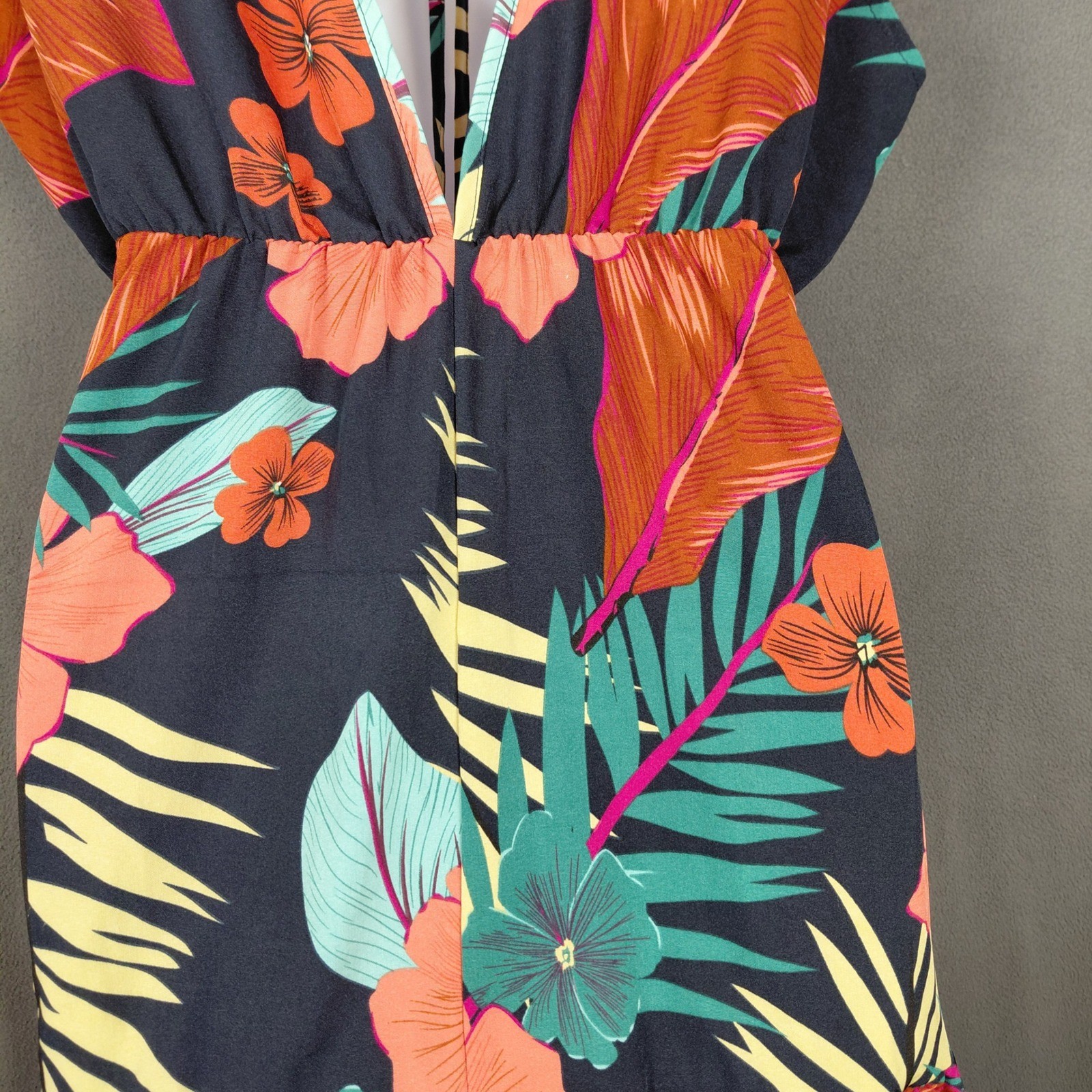 Tropical Floral V-Neck Ruffle Mini Dress Flutter Sleeve Tie Back High Waist ?Lg?