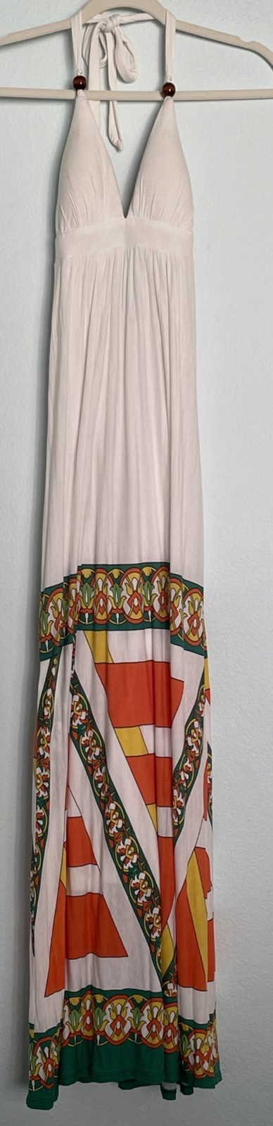 Halter Maxi Dress White S Empire Waist Lined Aztec Floral Hippie Boho Resort