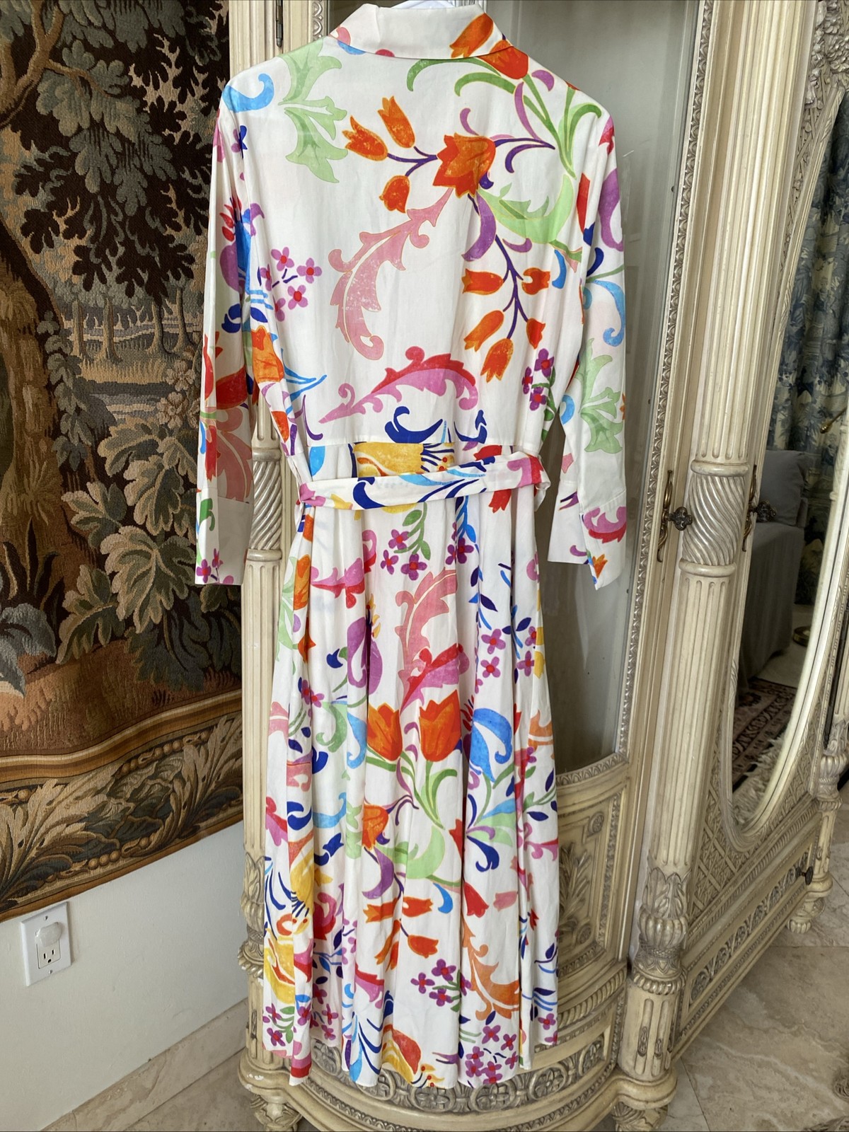 ZARA OFF WHITE MULTI Colored FLORAL PRINT Long Cotton SHIRT DRESS SZ XL Belted