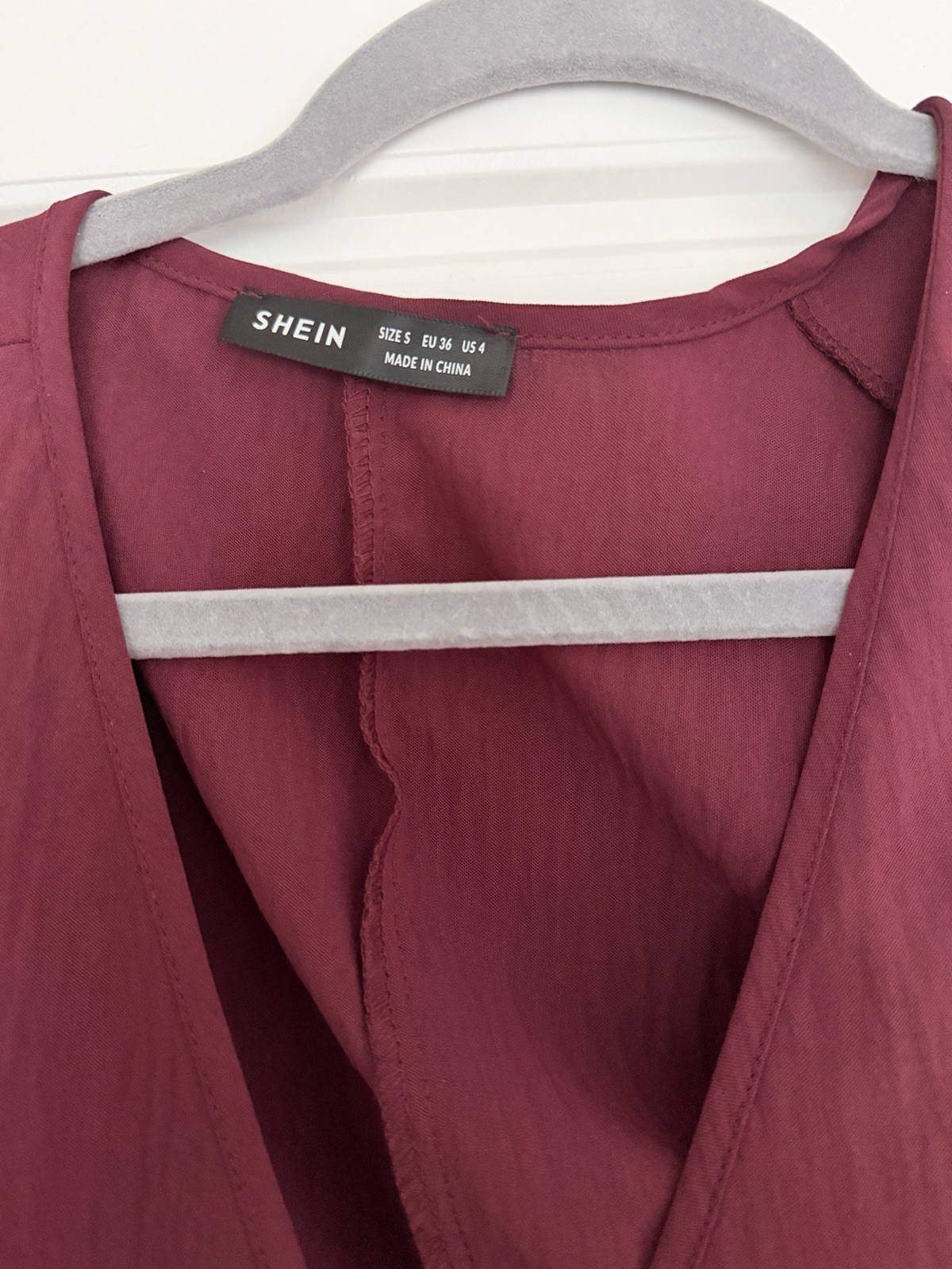 SHEIN Burgundy Solid Wrap Dress V-Neck Long Sleeve Tie Waist Short, Size S