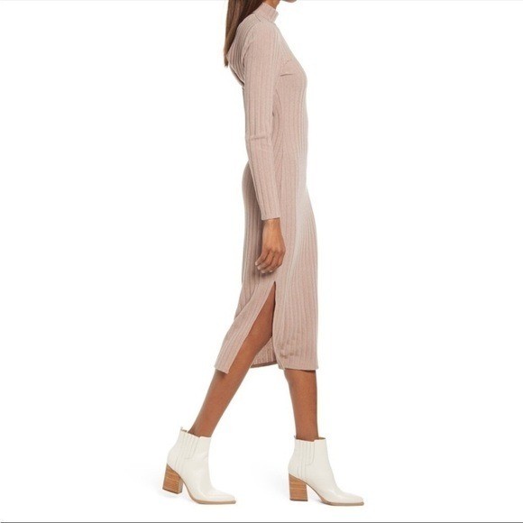 Floret Studios Mocha Ribbed Mock Neck Midi Dress ADR101062 Long Sleeve Side Slit