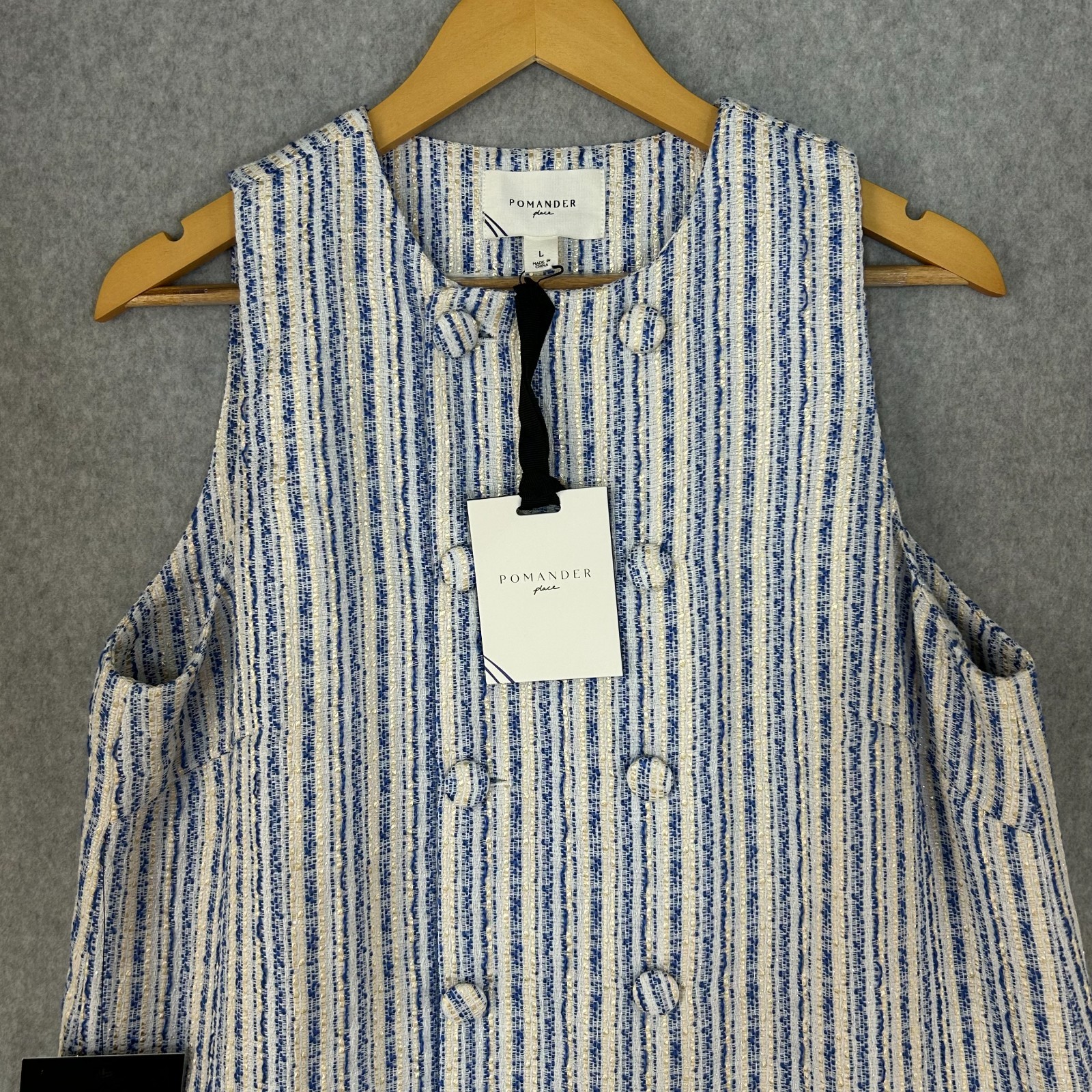 Pomander Place Tuckernuck Bianca Mini Dress Blue Tweed Sleeveless Size Large NWT