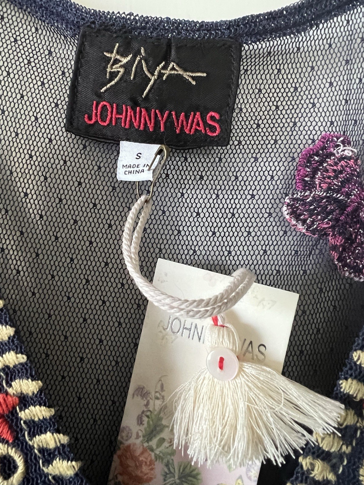 NWT $425 Johnny Was blue nights Zinoviah Mesh Dress & Slip embroidered floral S