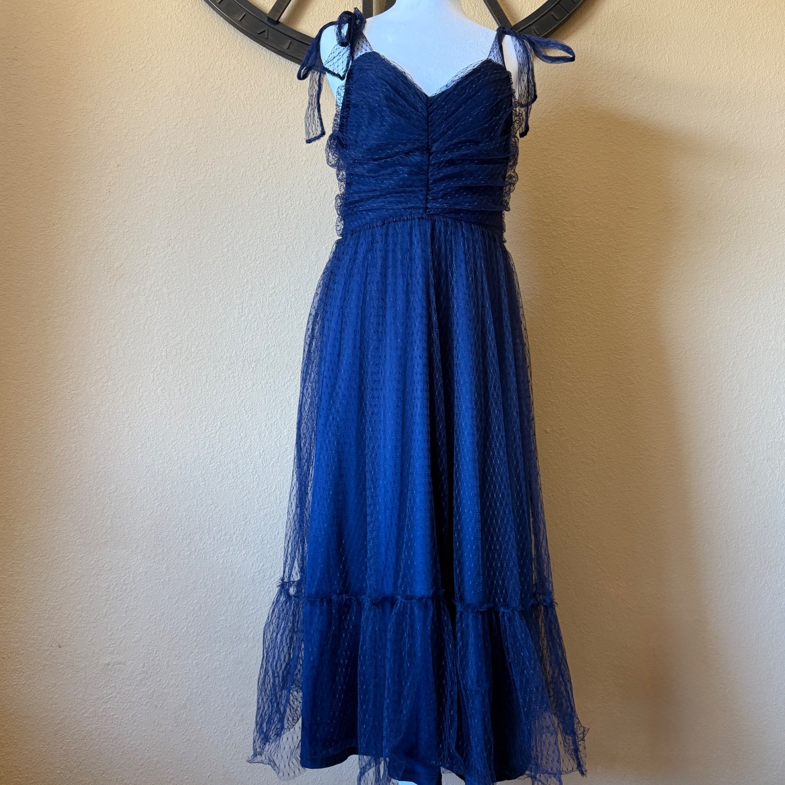 LULU’S Navy Mesh Dress Swiss Dot Adjustable Tie Strap Size Large