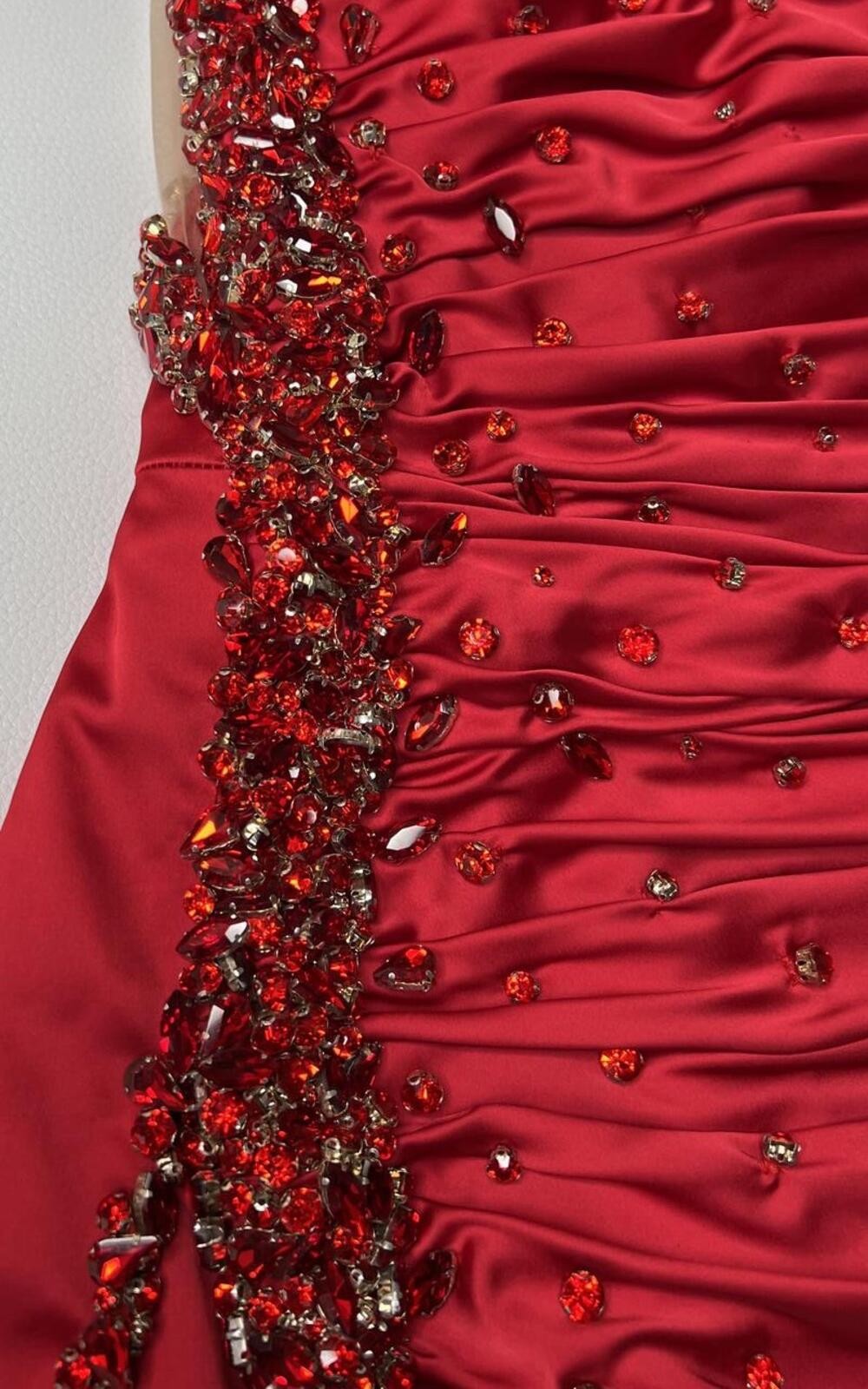 Red Strapless Evening Gown with Beaded Detailing and Matching Gloves