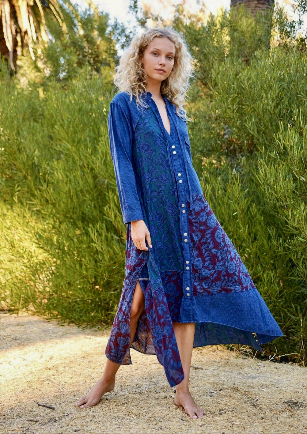 Free People Maxi Midi Dress Yuli Patchwork Snap Front Hi Lo Oversize Blue XS NWT