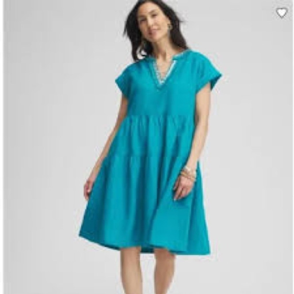 Chico’s Linen Beaded V-Neck Tiered Dress Teal Small NWT