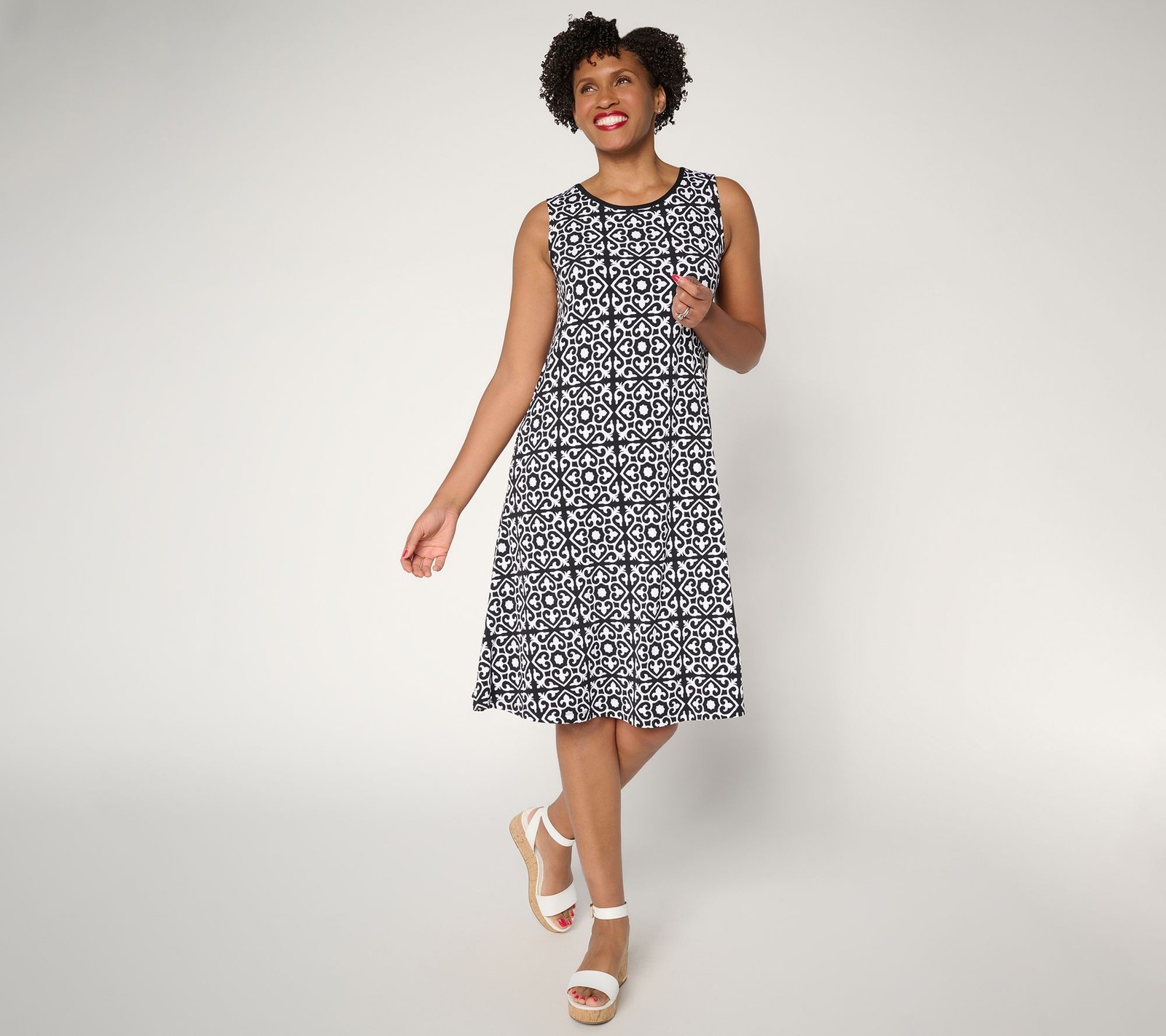 Susan Graver Regular Printed Liquid Knit A-Line Dress with Back Tie Black 1X New