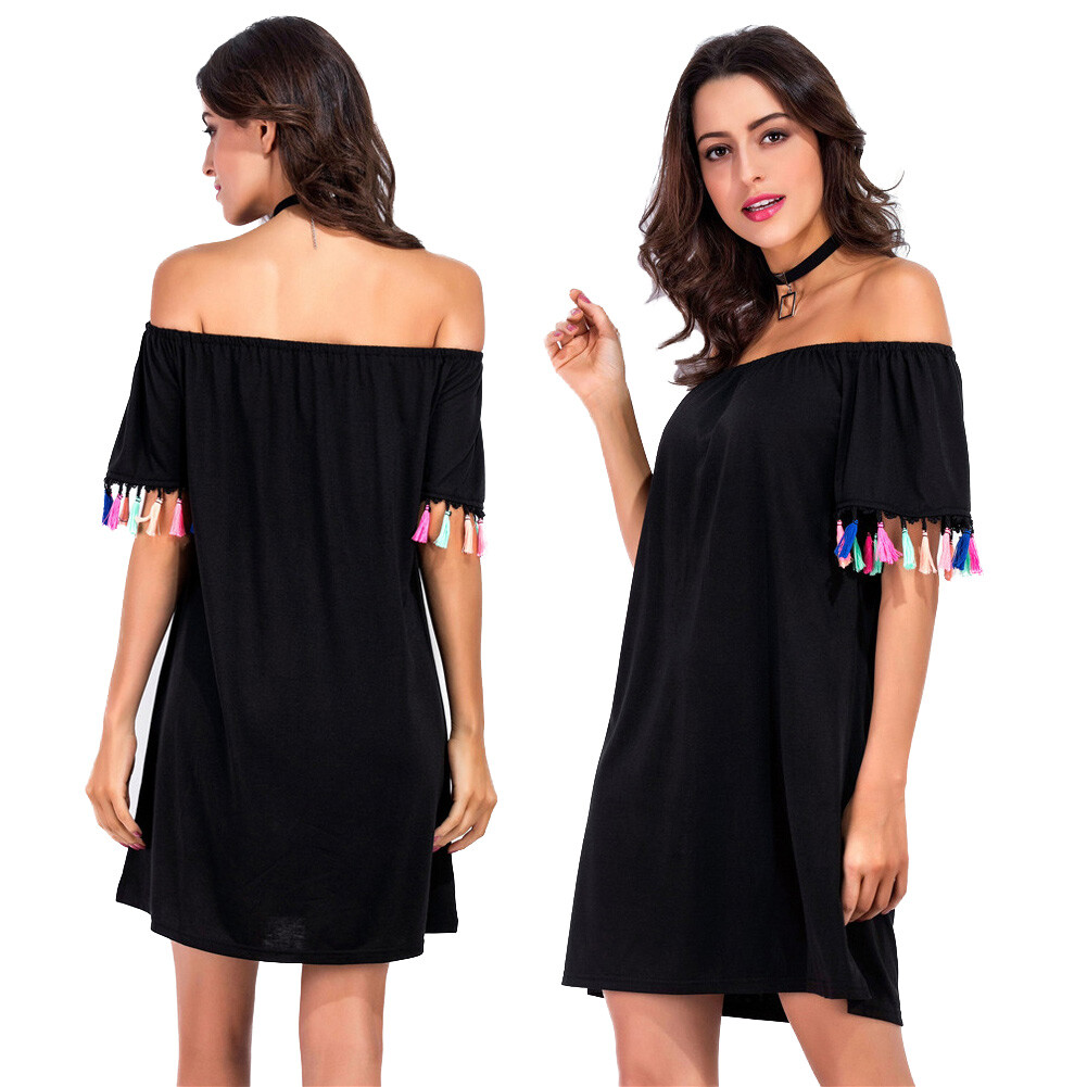 Women Girls Summer Beach A-Line Gradient Off-shoulder Short Mini Shirt Dresses