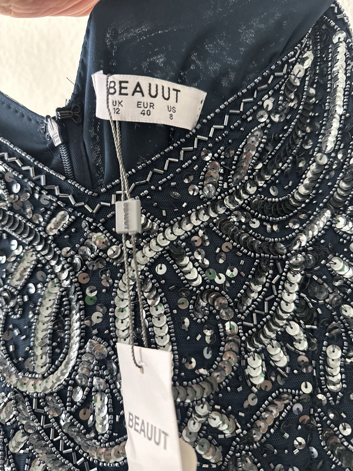 BEAUUT Navy Silver Beaded Sequin Art Deco Sheath Dress NWT V-Neck Long Size 8