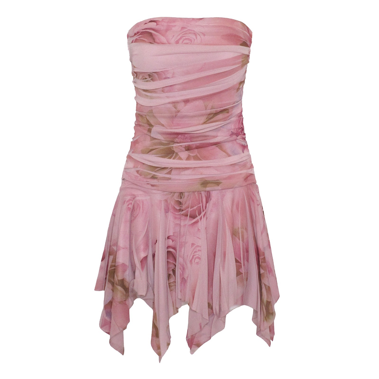 VIntage 90’s Y2K Pink Rose Print Hanky Hem Mini Pink Dress Fairycore Coquette L