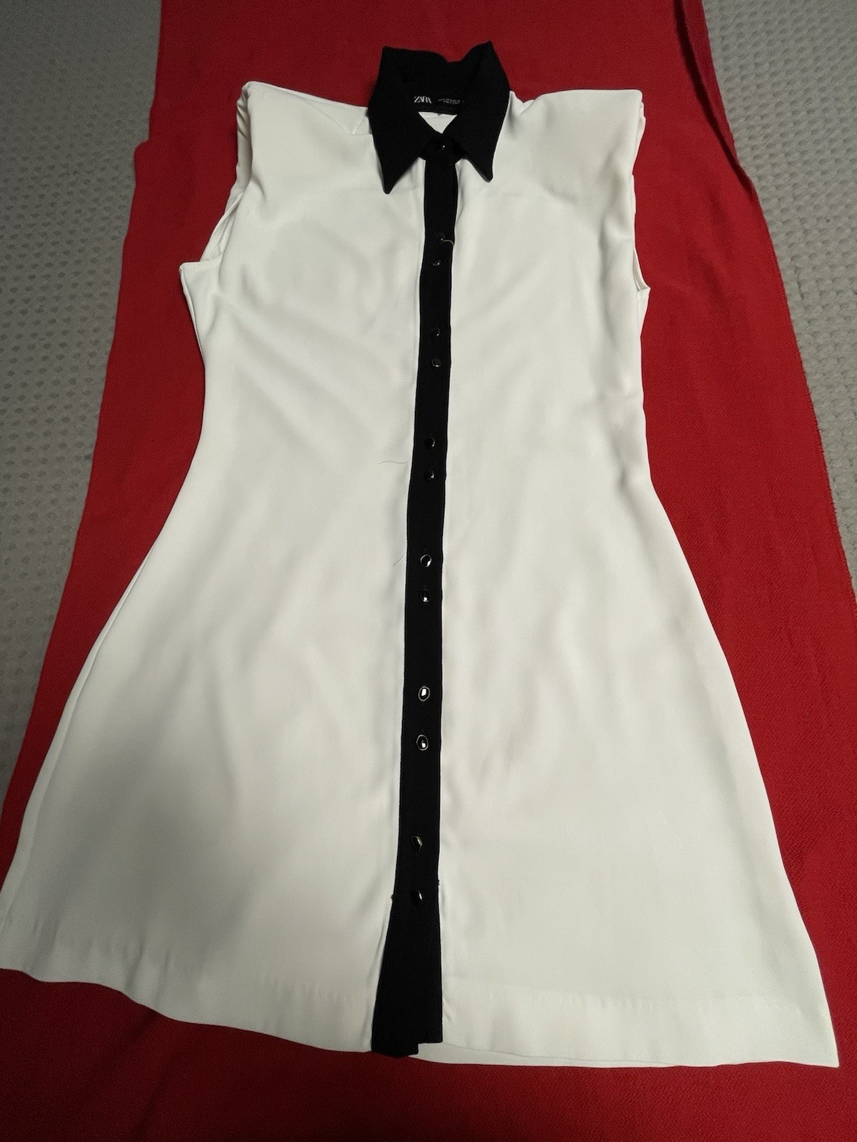 ZARA White Shirt Dress Mini Black Collar Button Front Sleeveless Workwear M