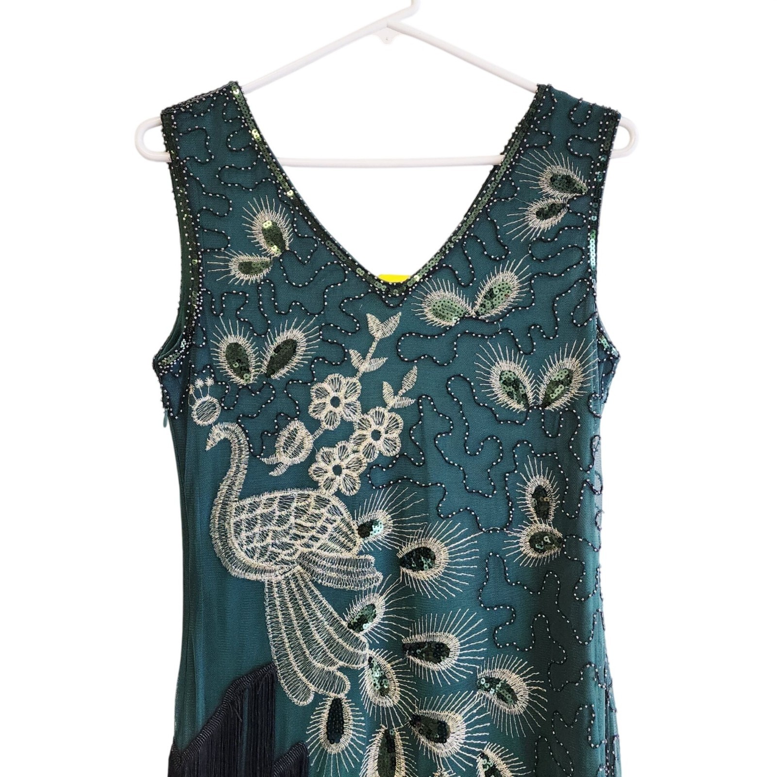 Art Deco Peacock Beaded Fringe Flapper Dress V-Neck Size S Teal Black
