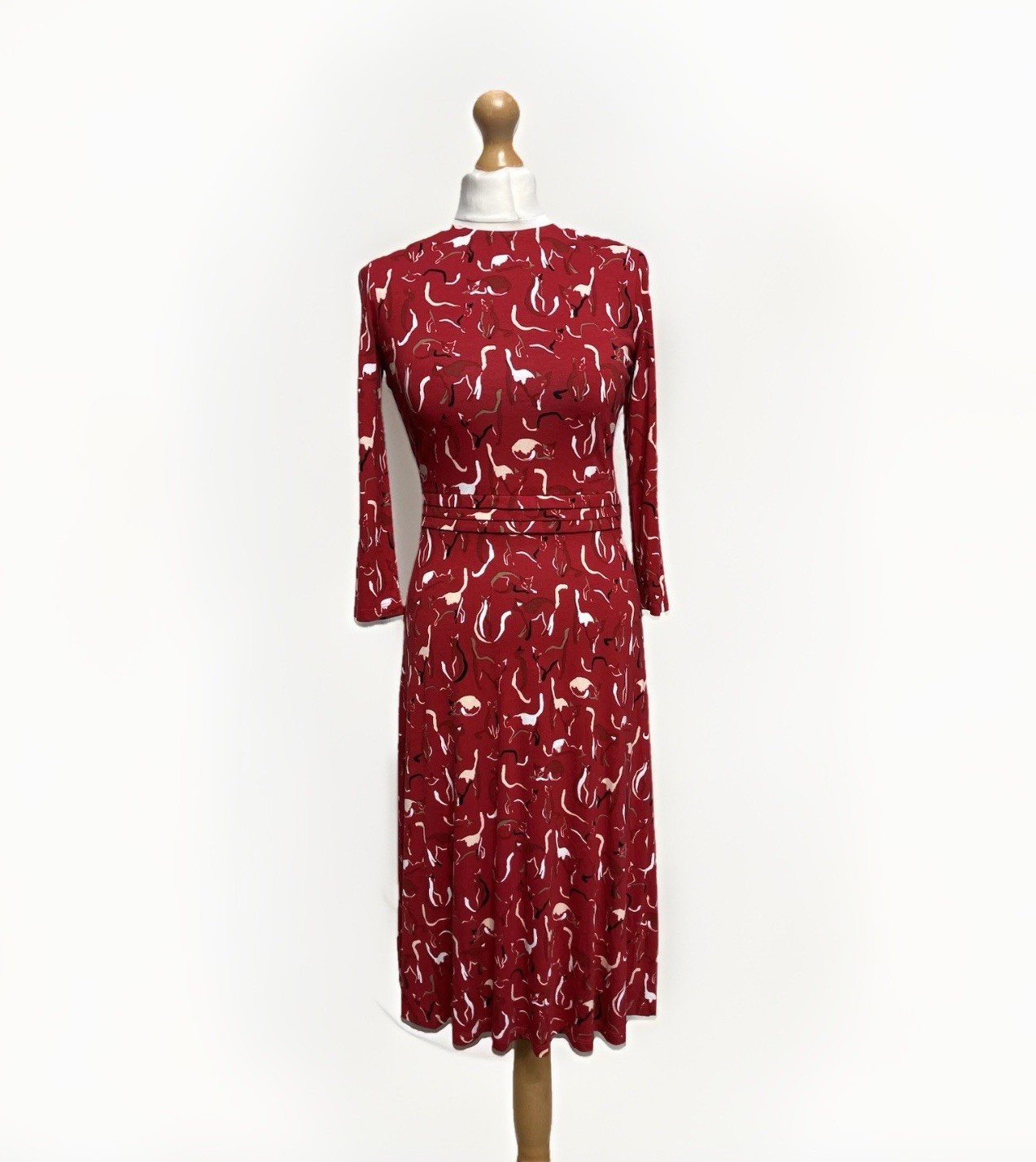 Hobbs Cat Print Jersey Dress Size UK 8 Red Feline Pleat Waist 3/4 Sleeve Fara