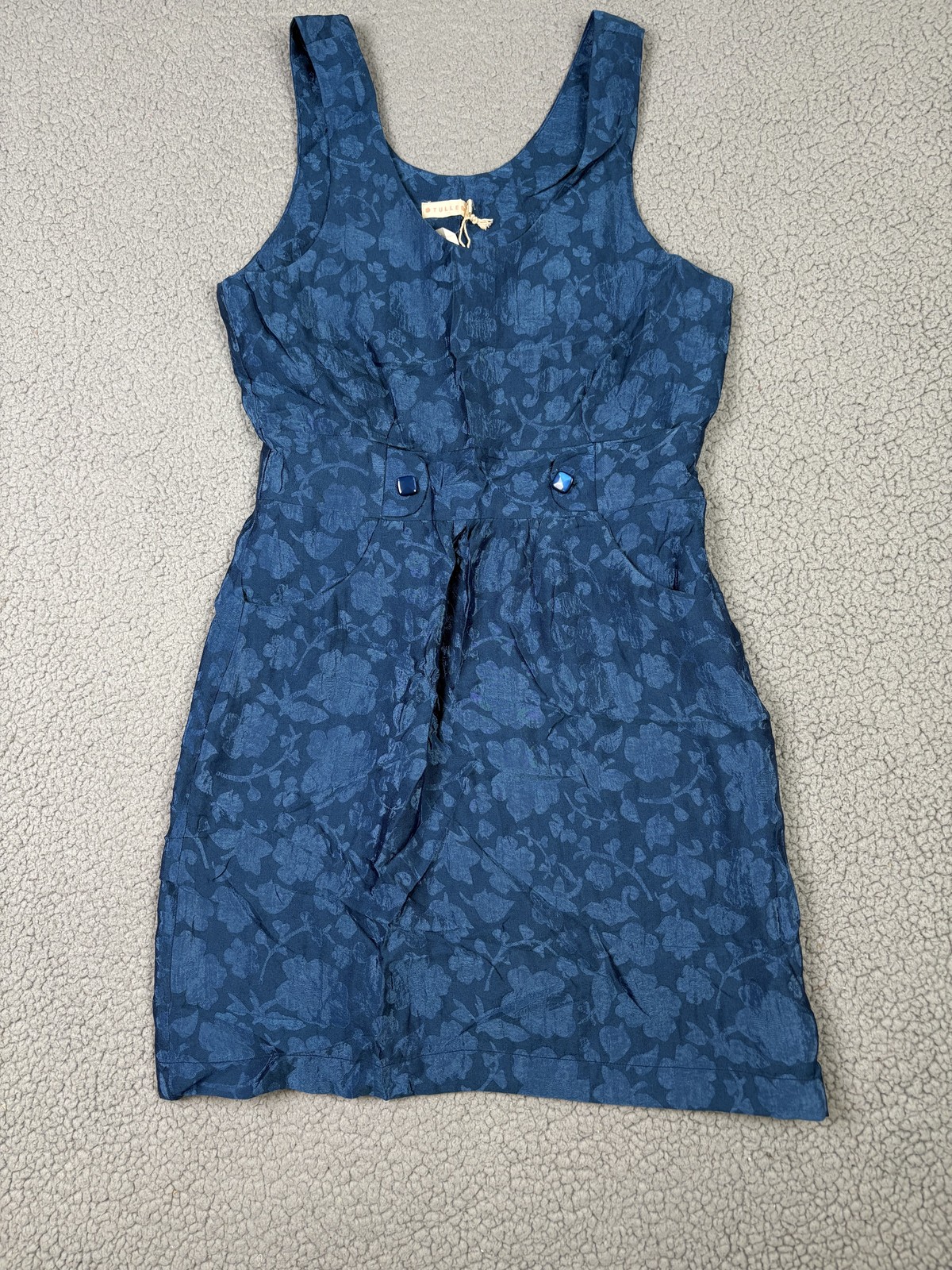 Tulle Dress Womens Small Blue Floral Jacquard Sleeveless Belt Pockets Retro NWT
