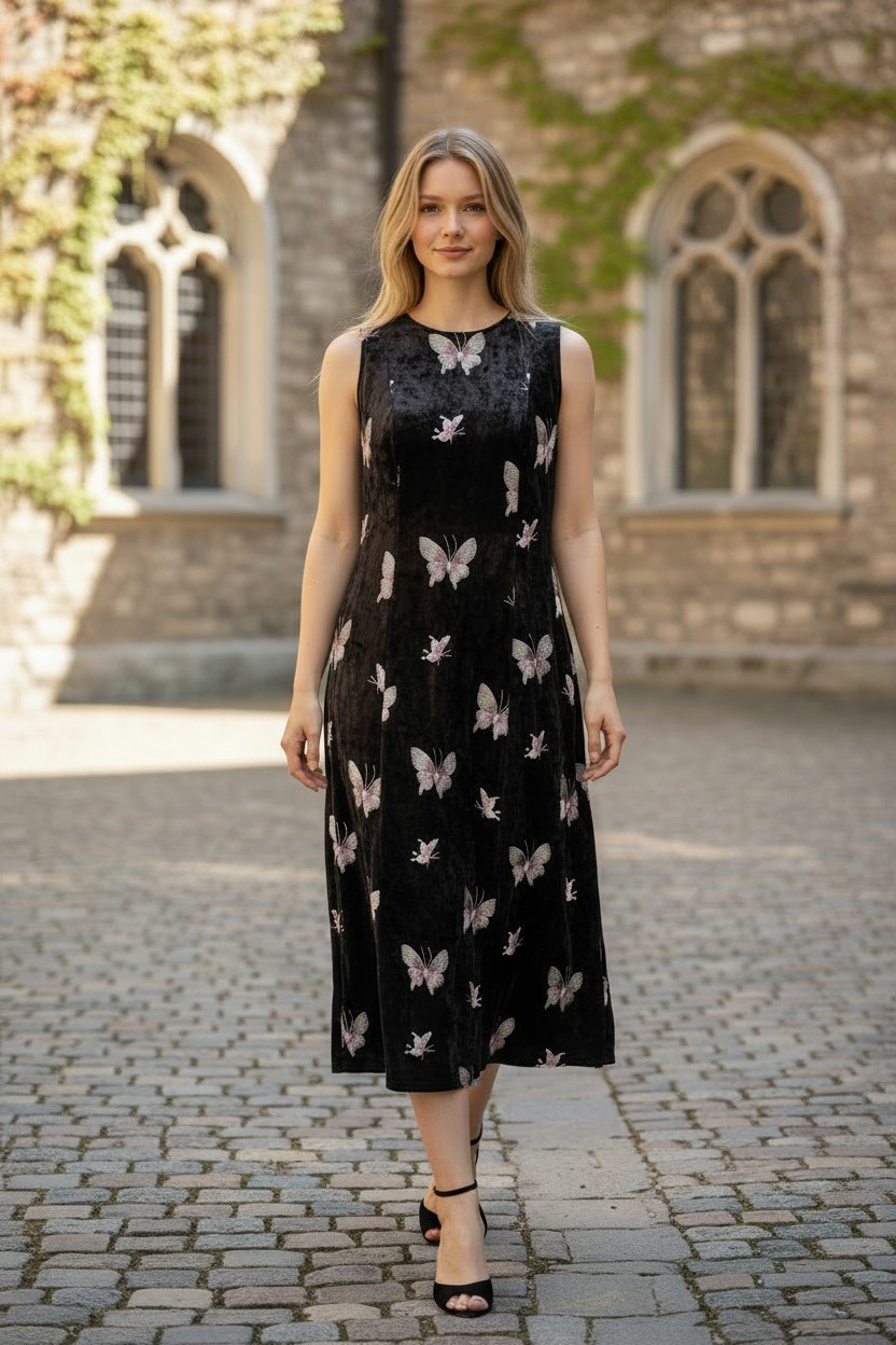 Luella Women’s Black Crushed Velvet Embroidered Butterfly Midi Dress Small