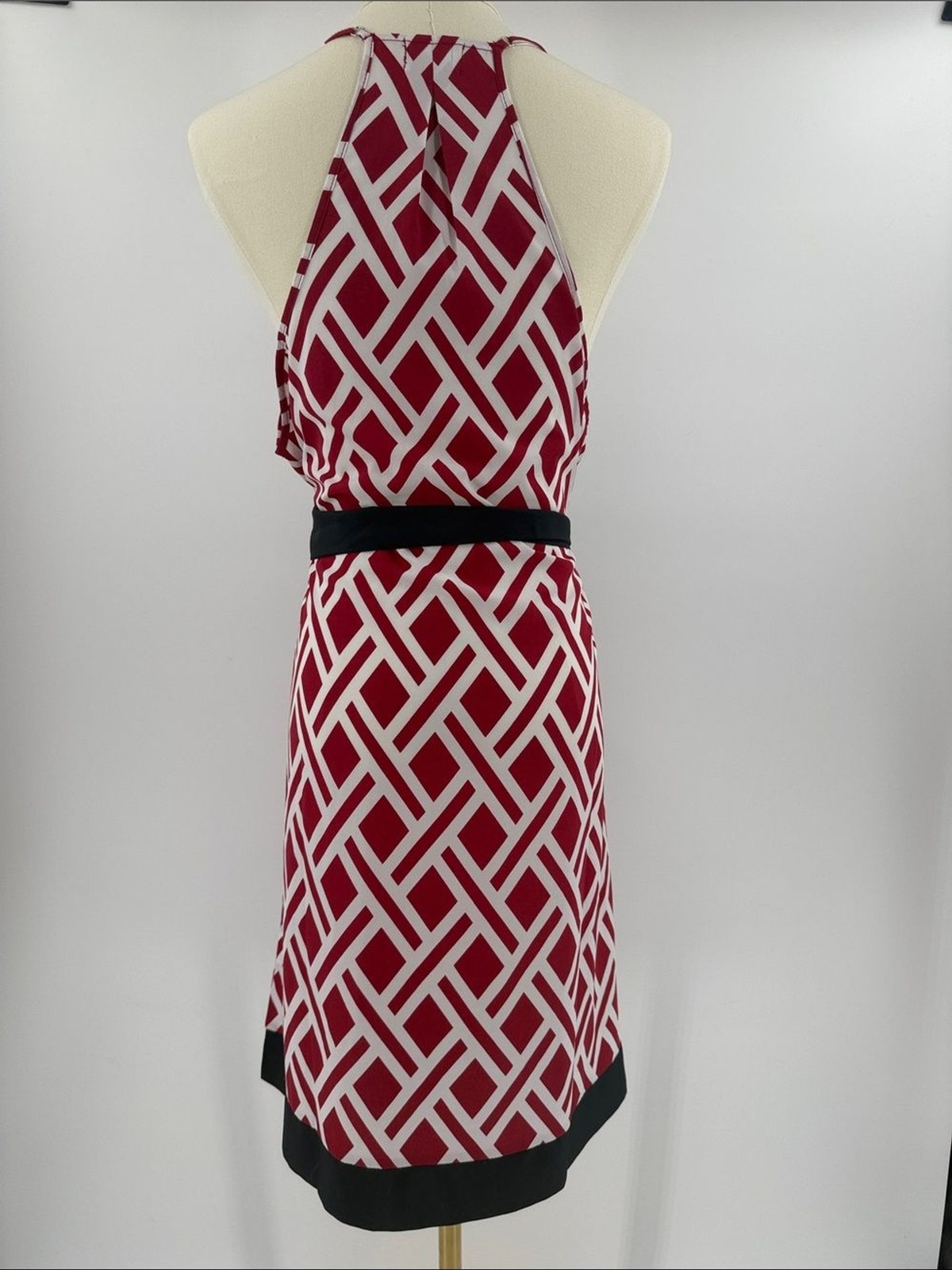 Sleeveless Red Geometric Midi Dress with navy Trim