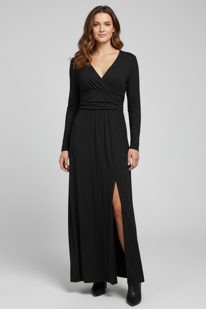 NEW ANRABESS Women’s M Black Maxi Dress Long Sleeve V-Neck Ruched Empire Waist