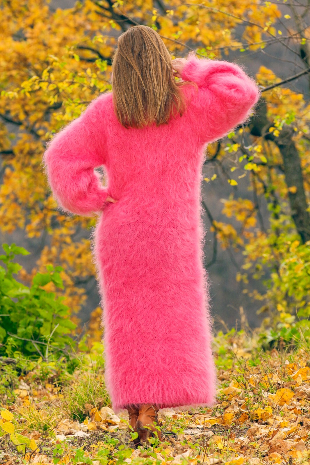 Fuzzy pink long mohair dress designer warm fluffy hand knit gown SuperTanya L-XL