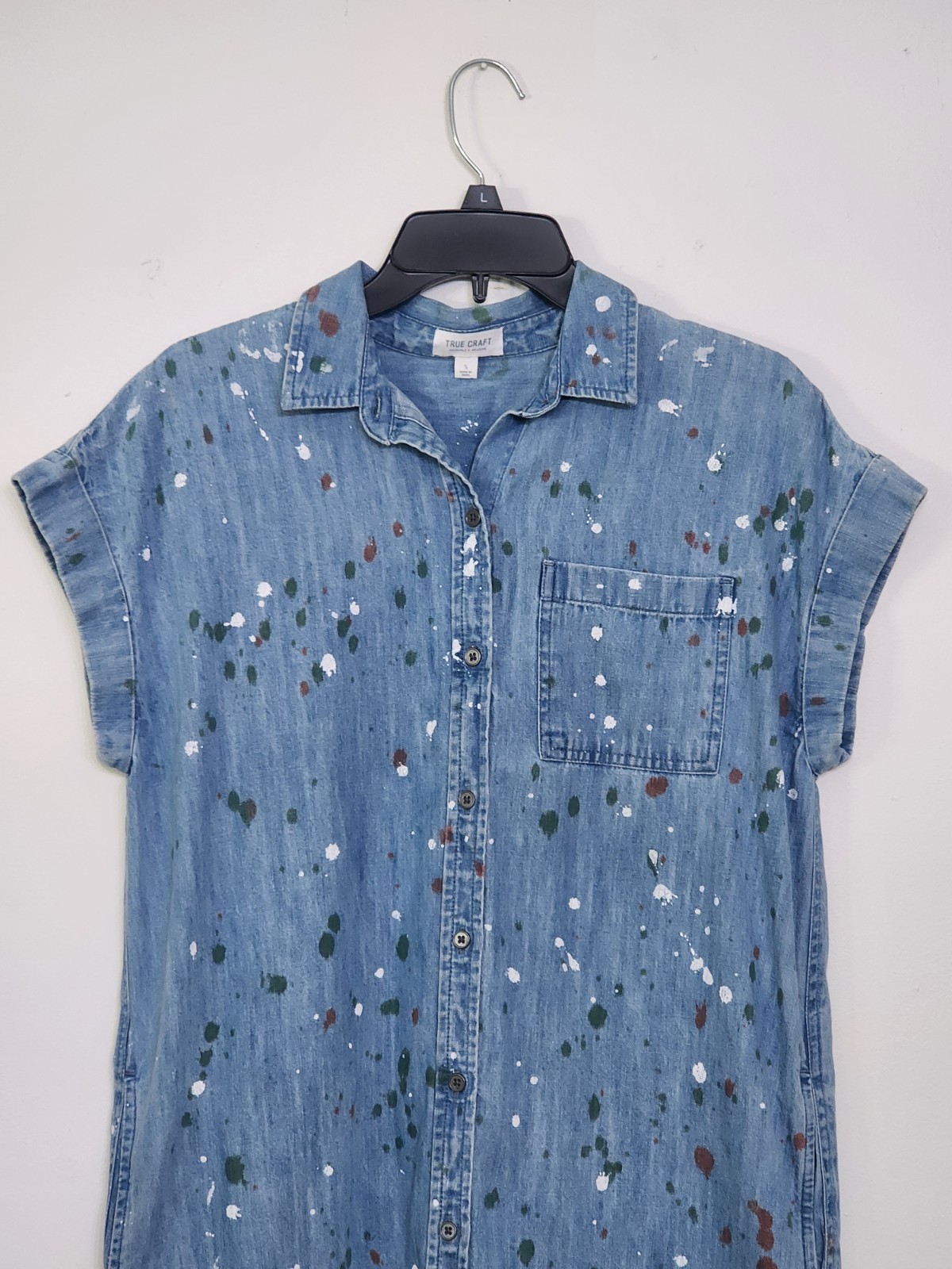 True Craft Distressed Paint Splatter Blue Denim Shirt Dress Pockets Women’s S