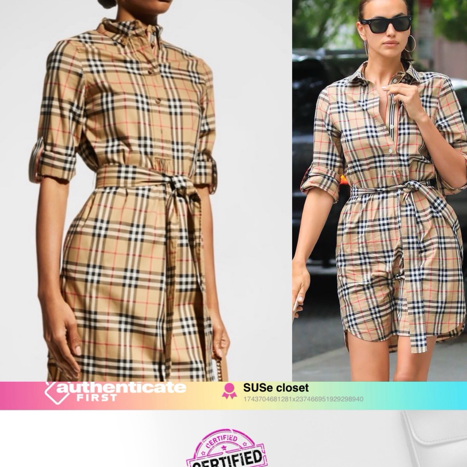 2025 $1050 Burberry Giovanna Plaid Belted Shirt Dress “Authenticated” US4 & 6