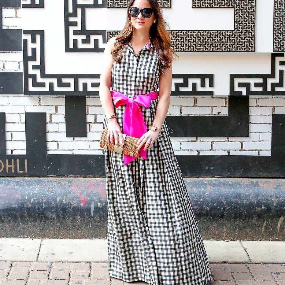 Eliza J Gingham Maxi Dress Black White Check Pink Sash Sleeveless Formal 10