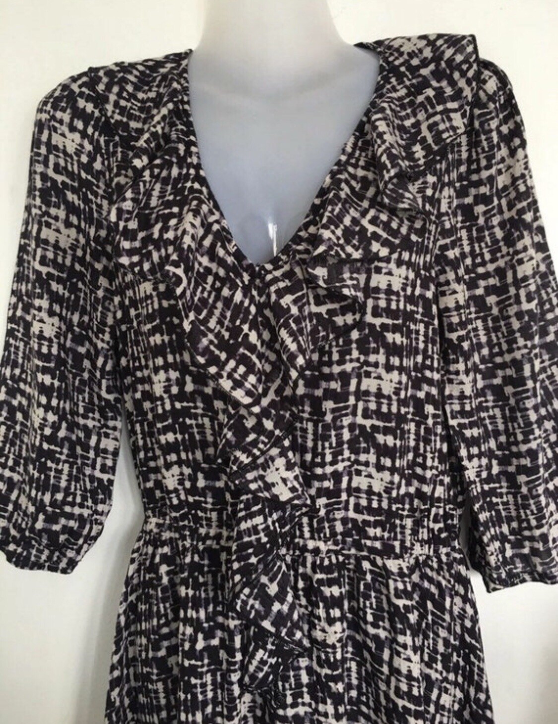 Louche white & indigo blue floaty tea dress boho tie dye print ruffled S uk 8