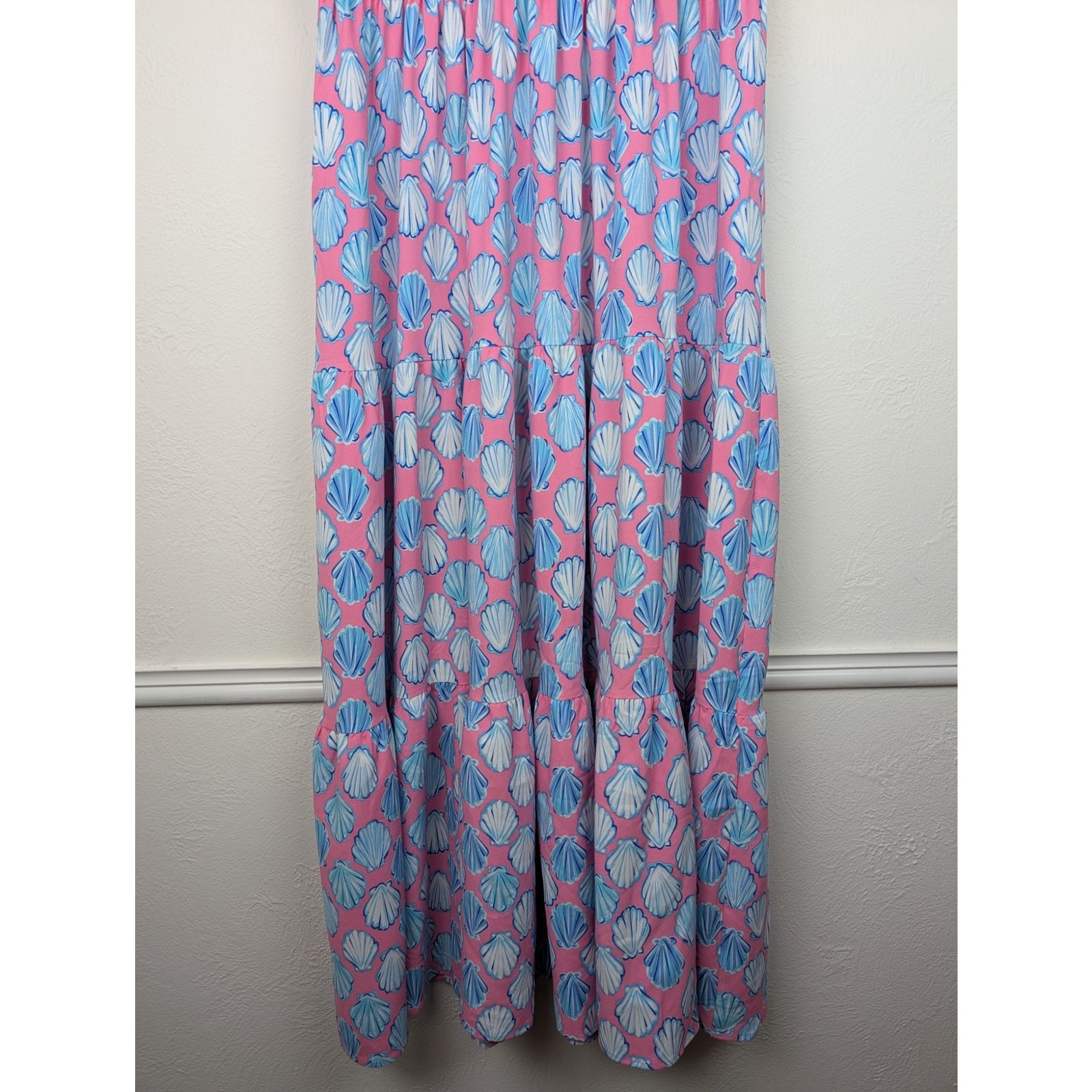 Simply Southern Dress Maxi Shell Novelty Tiered Preppy Beach Pink Blue Size L