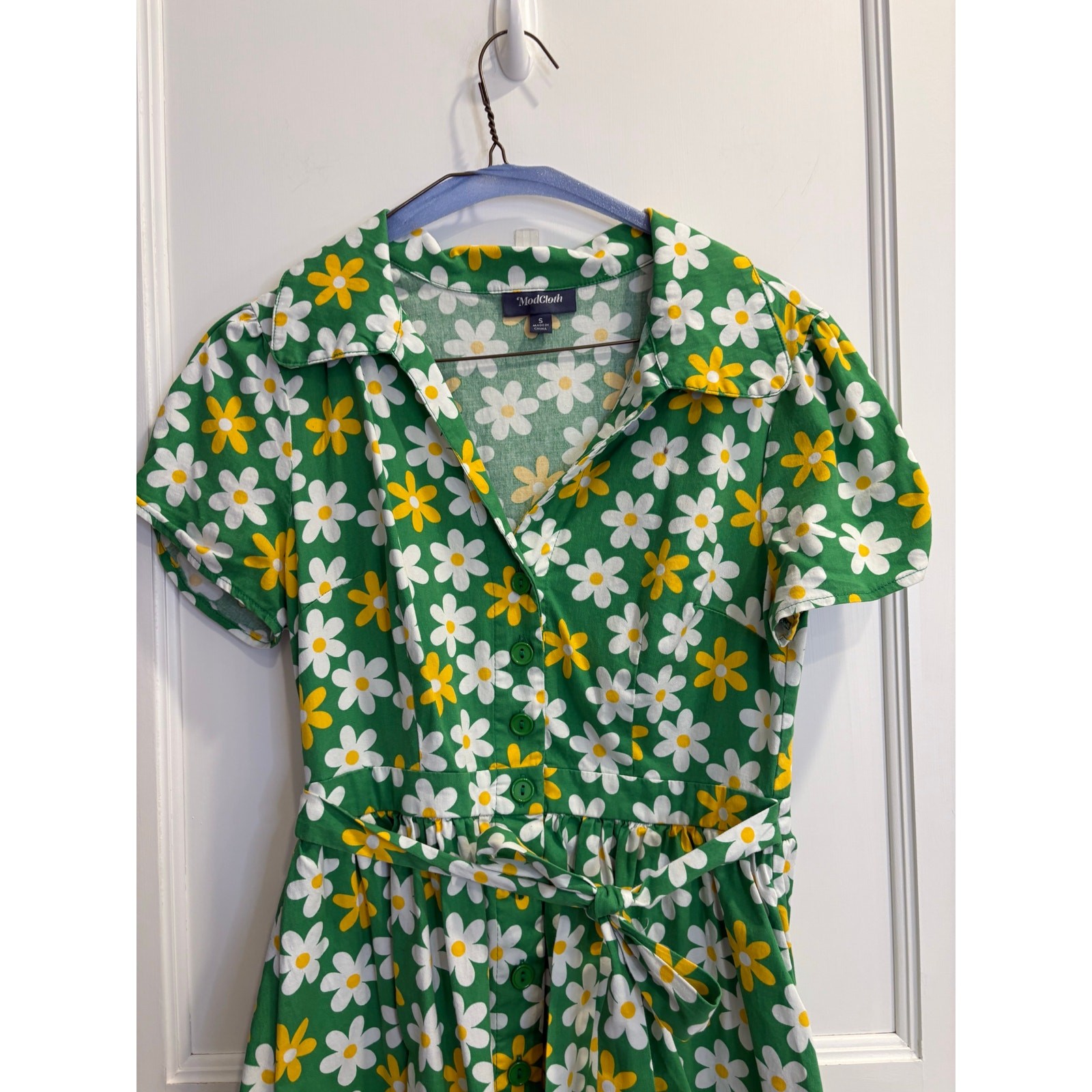 Modcloth Size Small Summer School Cool Green White Yellow Daisy Dress Retro