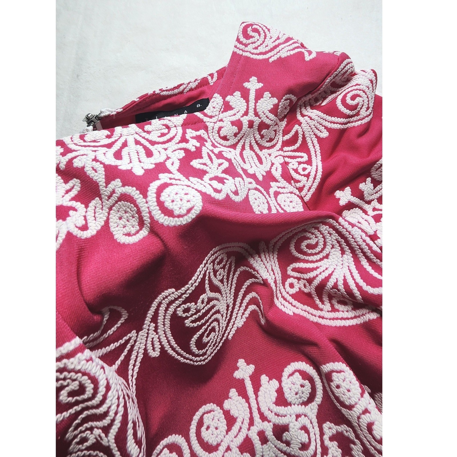 Tiana B Pink White Soutache Embroidered Shift Dress Short Wedding guest Chic S