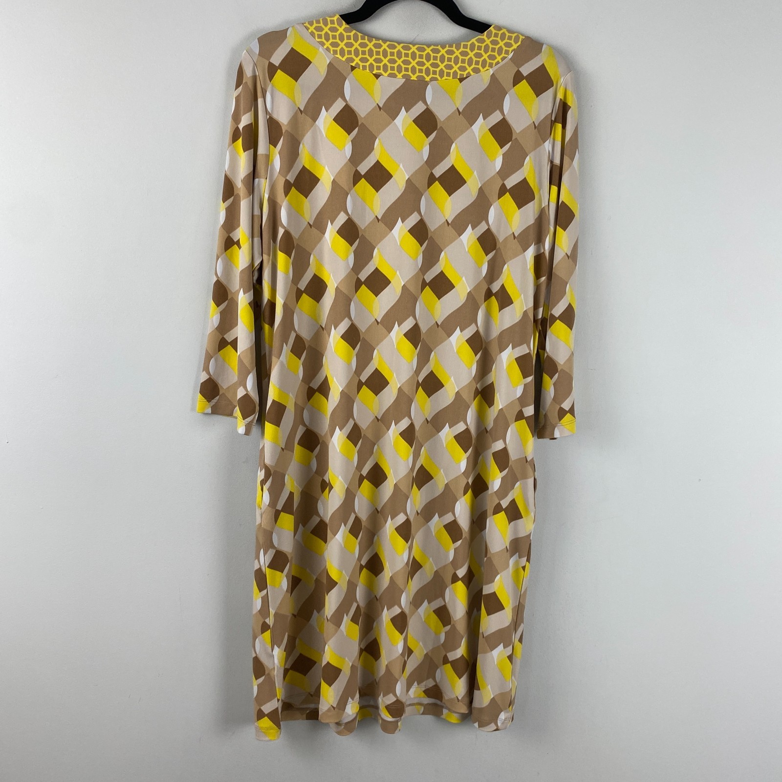 Susan Graver Printed Liquid Knit Split Neck Dress Size Petite Large Pockets