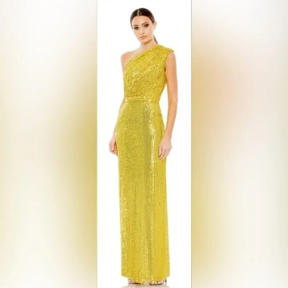 NWT Mac Duggal Yellow Sequined Ruched One Shoulder Gown – 26694