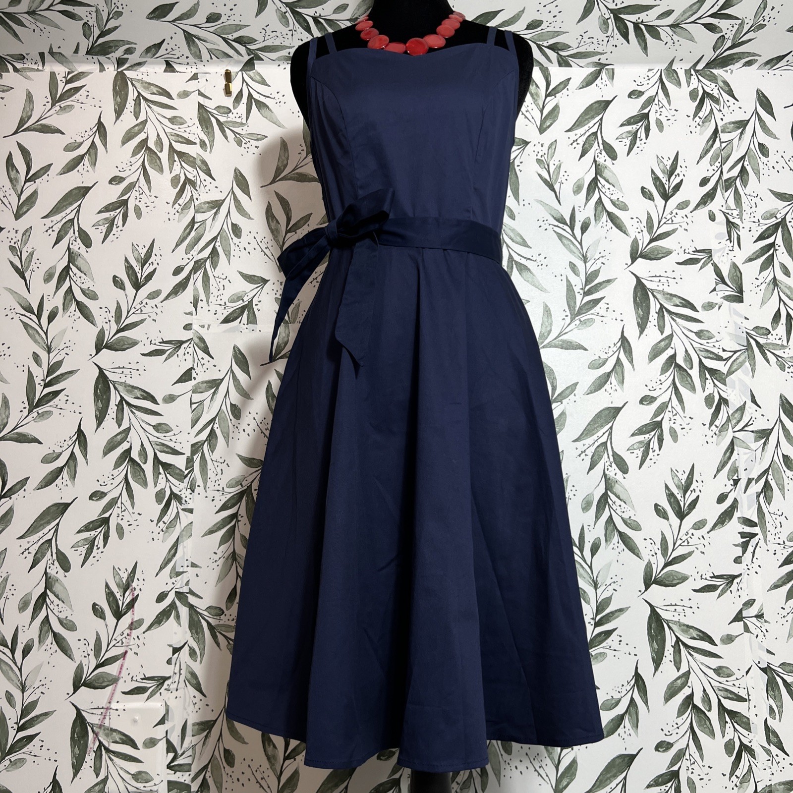 Navy Blue Cotton Vintage Retro Style Midi Dress Sz S NWT Elegant Classic Fashion
