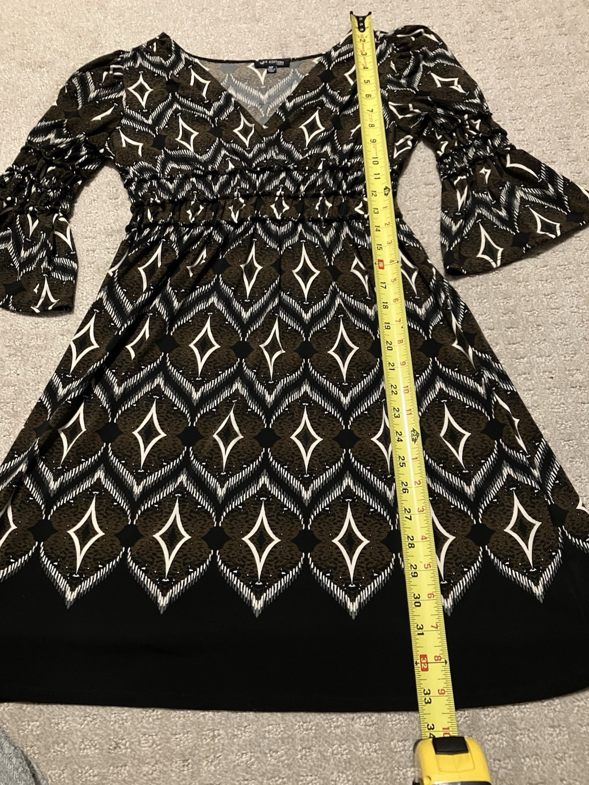 Max Edition Petite MP Brown Black Geometric Smocked Bell Sleeve Dress Midi