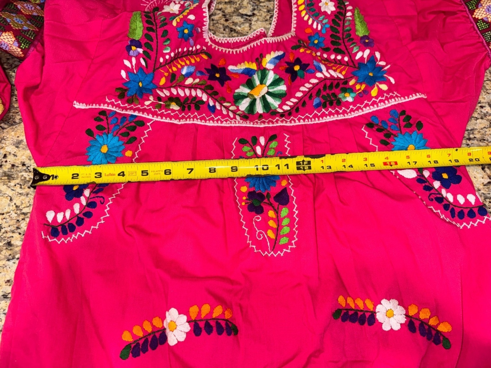 Handmade Fiesta Mexican Embroidered Floral Dress Crochet Hem Bell Slve Hot Pink