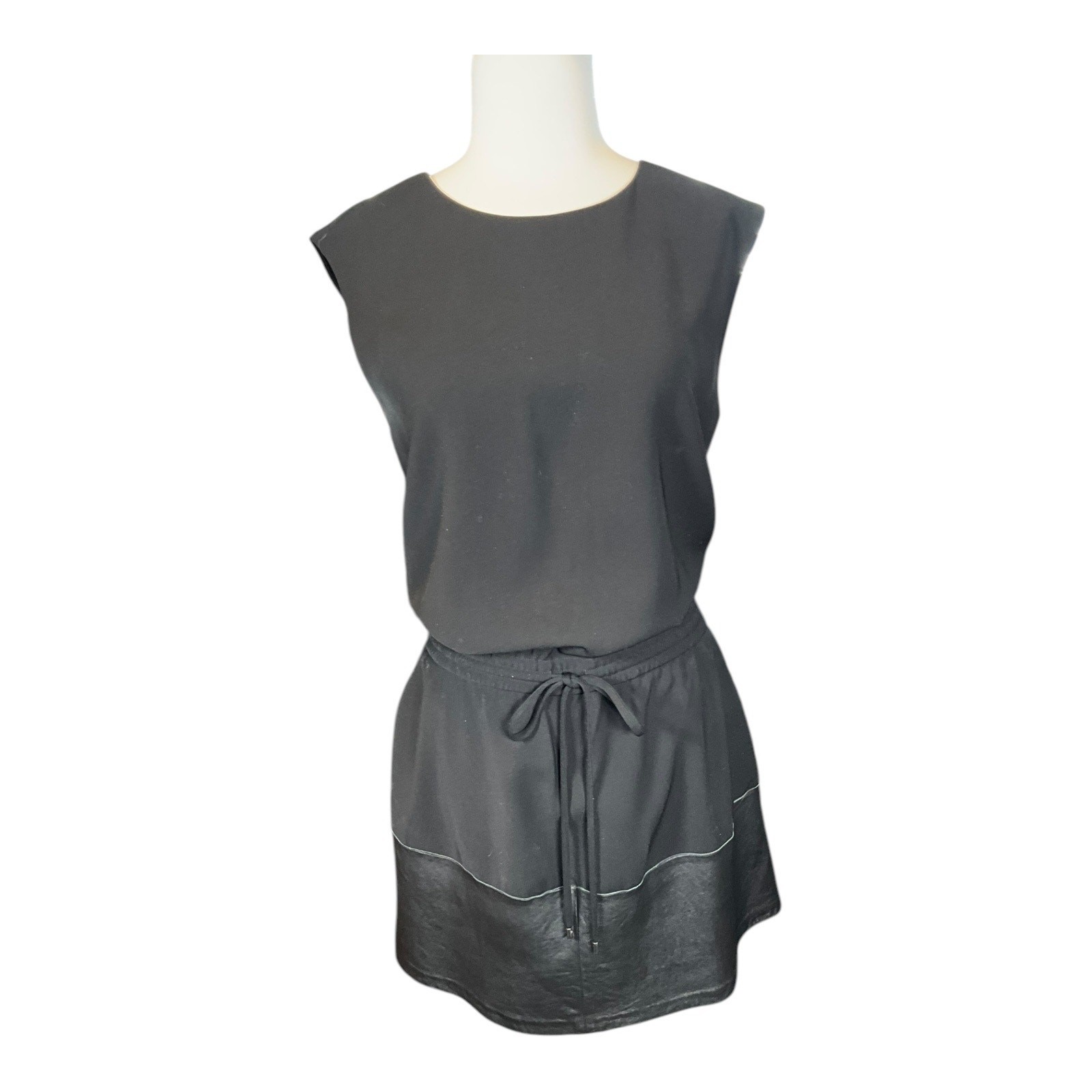 VINCE Lamb Leather Contrast Drawstring Waist Black Dress Small Preppy All Season