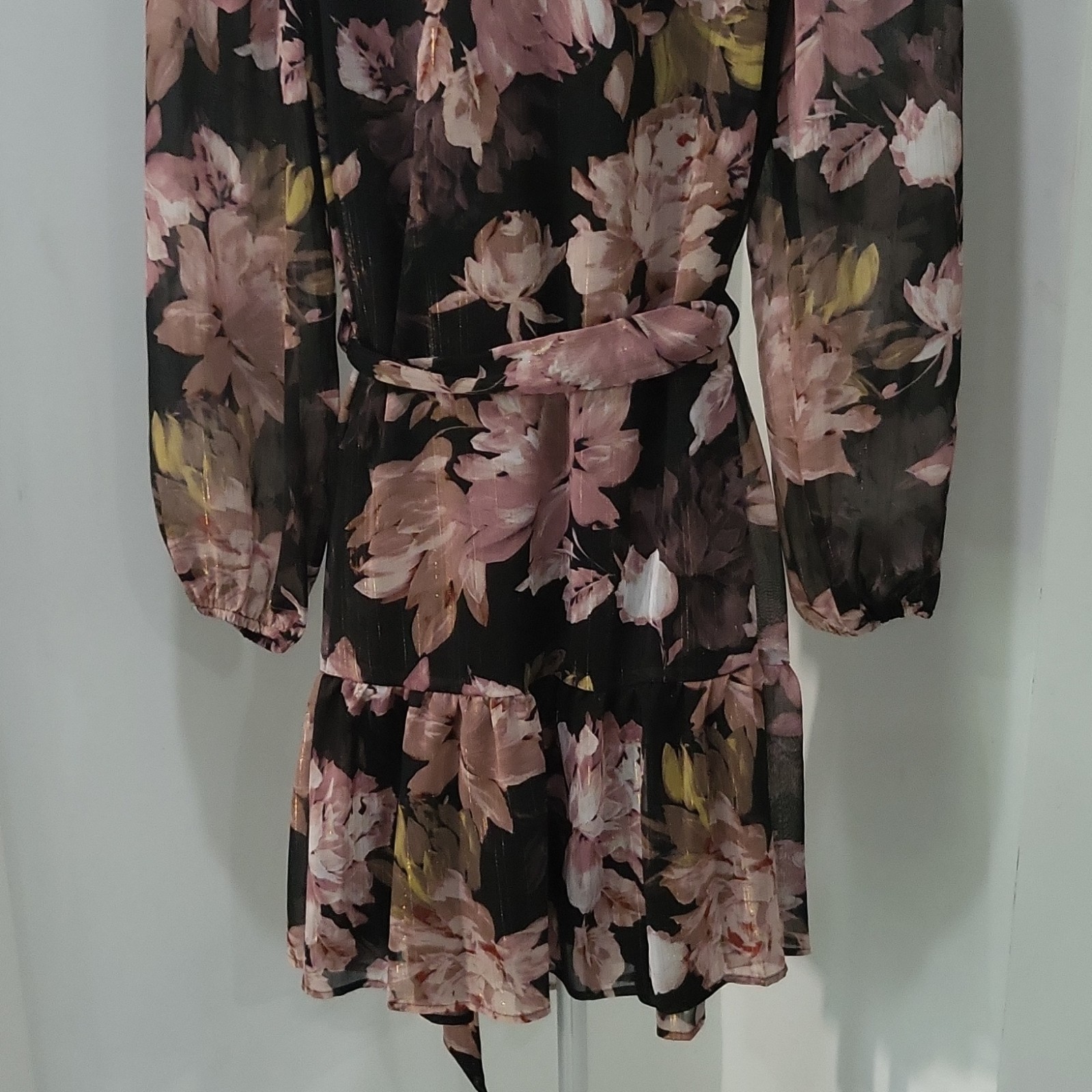 Anne Klein Floral Chiffon Collared Button Front Long Sleeve Belted Dress 2