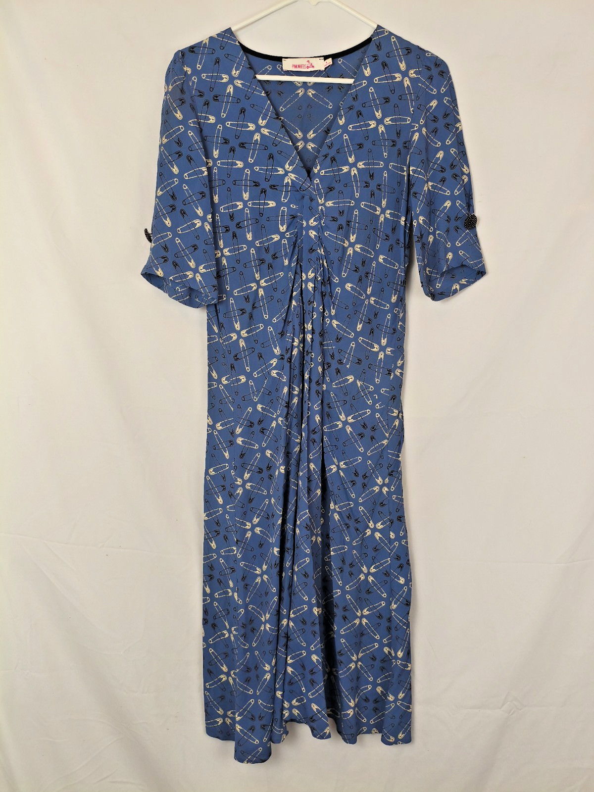 Pink Wheels Blue Rayon Crepe Safety Pin Print Midi Dress Sz L Made in California