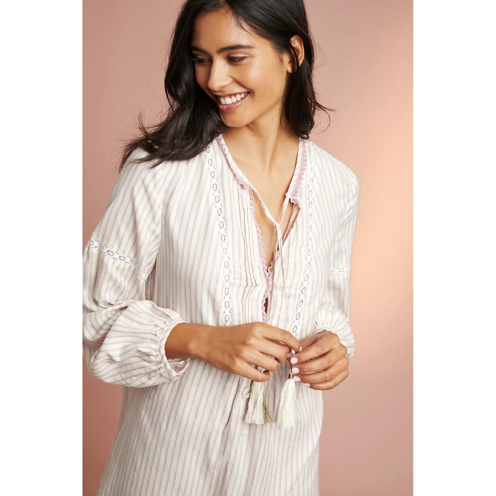Anthropologie Floreat Striped Sleep Dress Tassel Tunic Embroidered Mauve XS New
