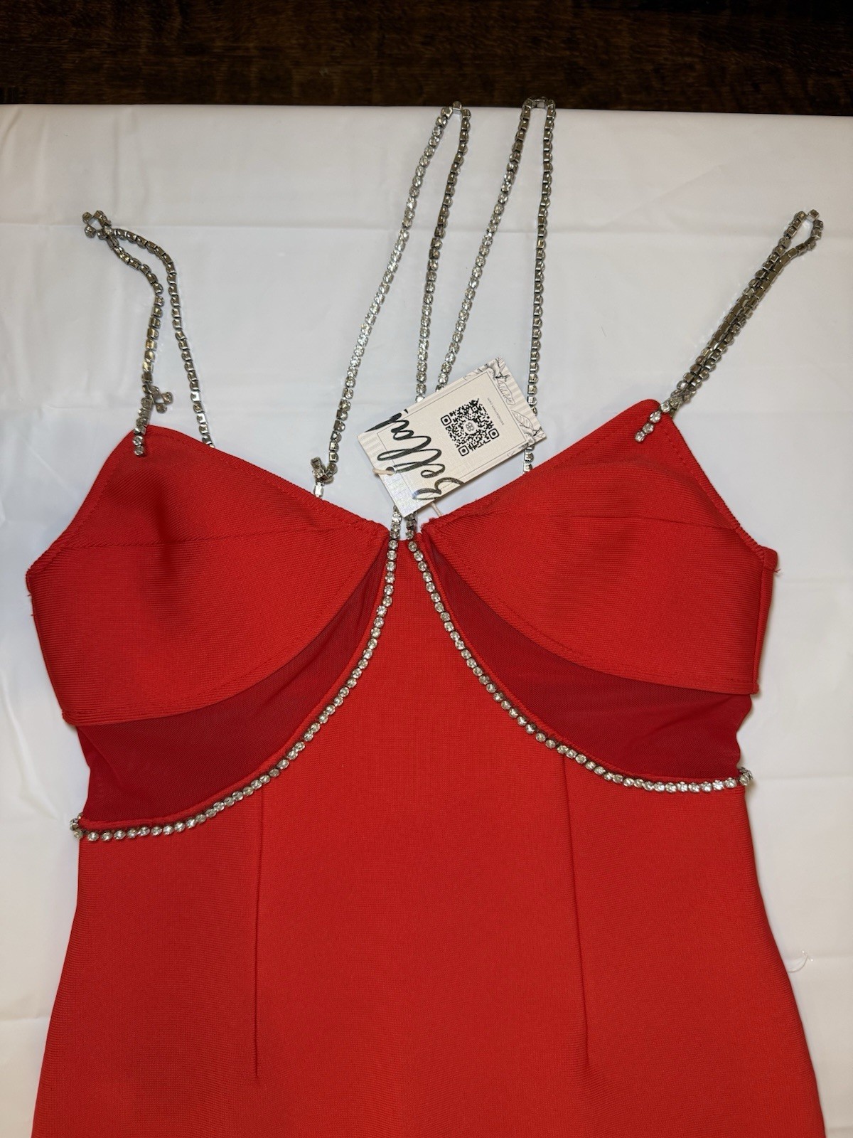 Bella Barnett Red Rhinestone Chain Strap Maxi Dress Sweetheart Neck Polyester L
