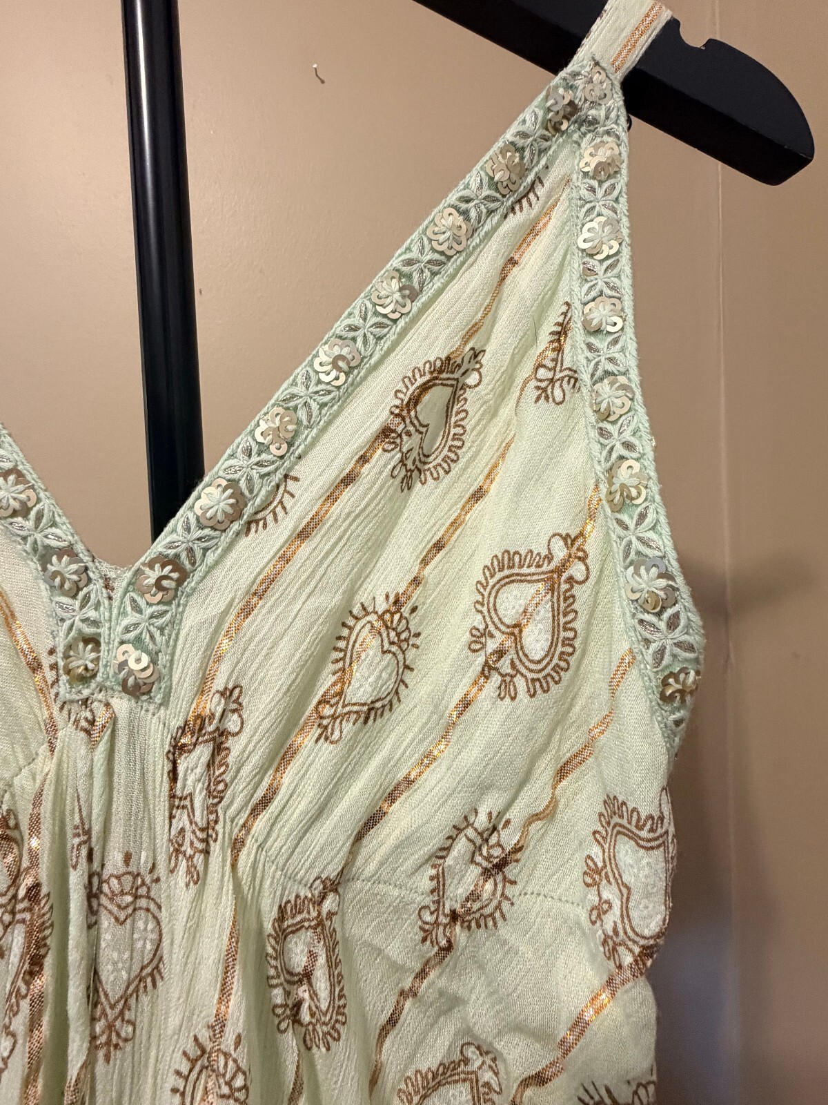 Ananta One Size Mint Boho Maxi Dress Sequin Trim Paisley Tassel Resort Beach