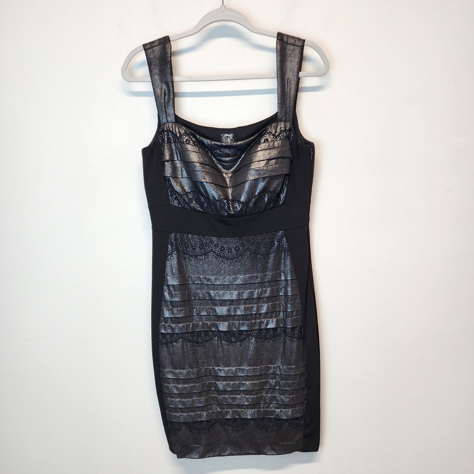 Jax Womens Black Metallic Dress Size 10 Lace Pleated Square Neck Cocktail Y2K