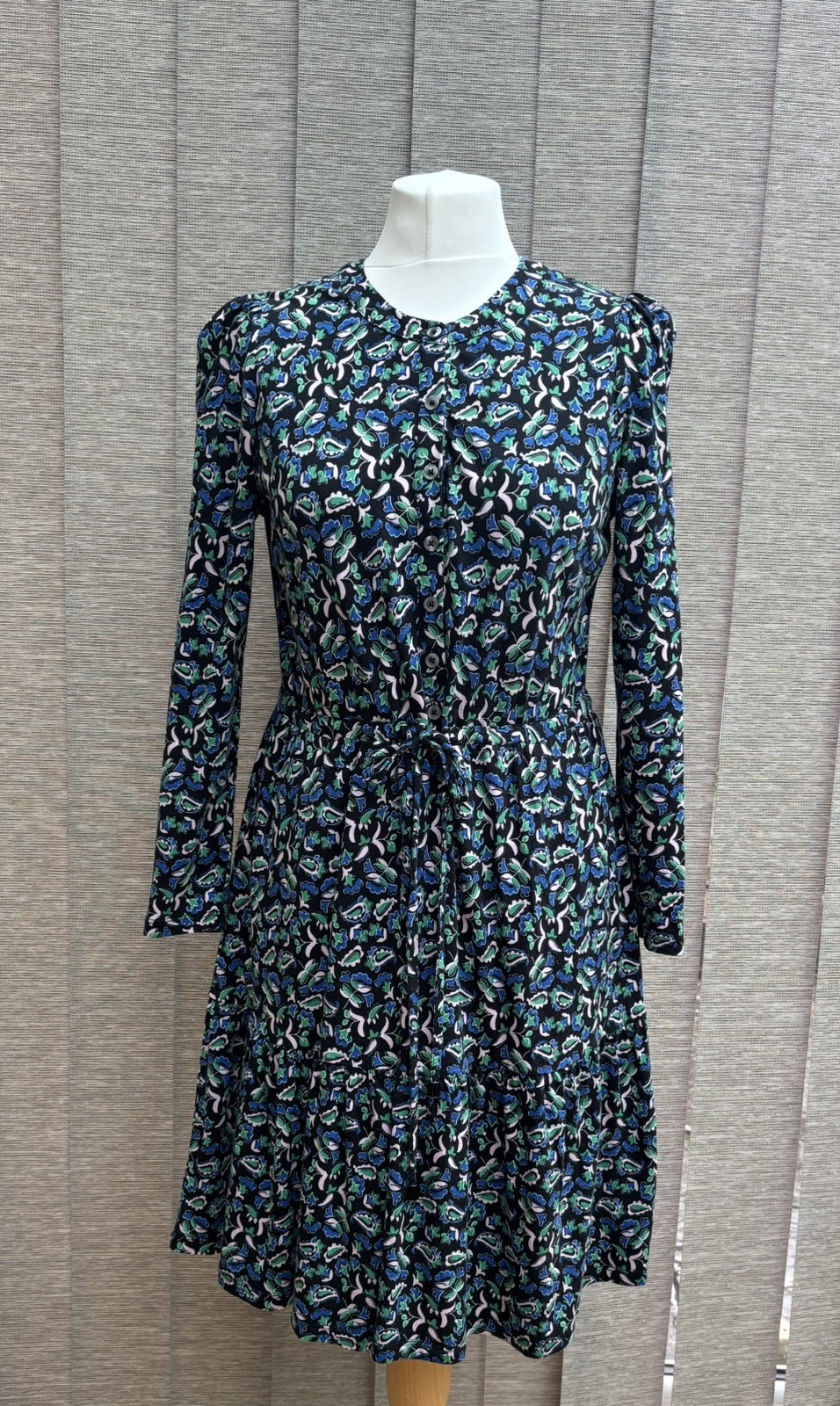 Boden Jersey Dress UK 12 P Blue Floral Tiered adjustable waist tie Long sleeve