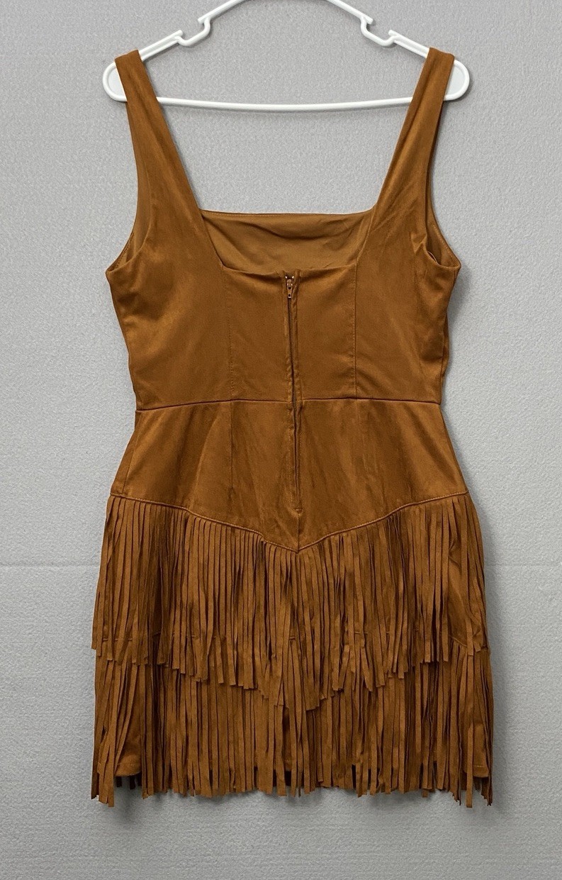 Trixxi brown L squareneck fringe tassel hem western-style faux suede dress