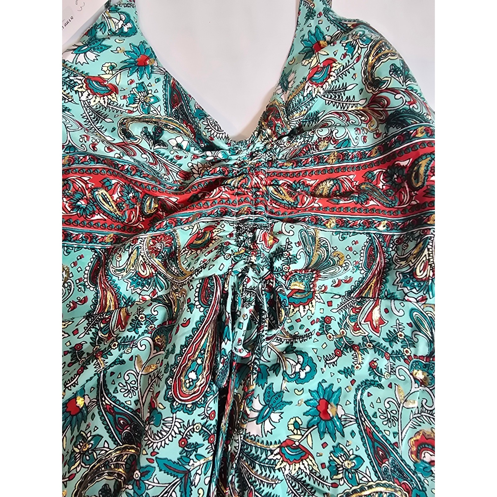 White Waves Teal Paisley Silk Blend Boho Maxi Dress L/XL Tassels Gold Foil India